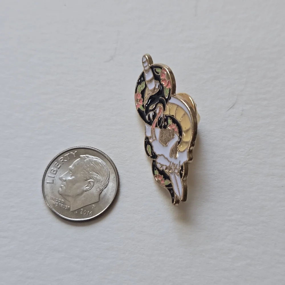 Gold-Trim Enamel Sword & Snake Pin with Pink Flowers